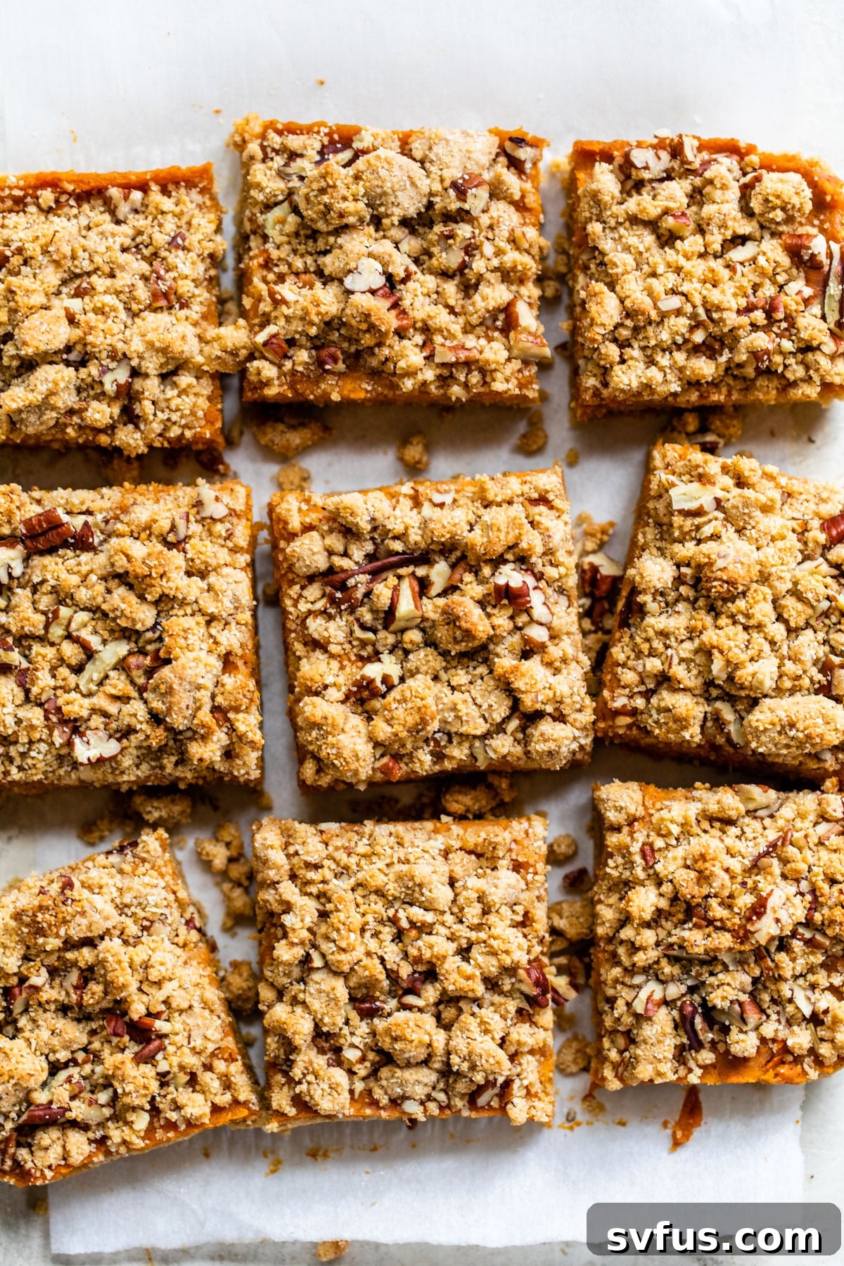 A close-up shot of nine perfectly cut sweet potato crumb bars arranged neatly on parchment paper, showcasing their golden crust and textured topping, ready to be served.