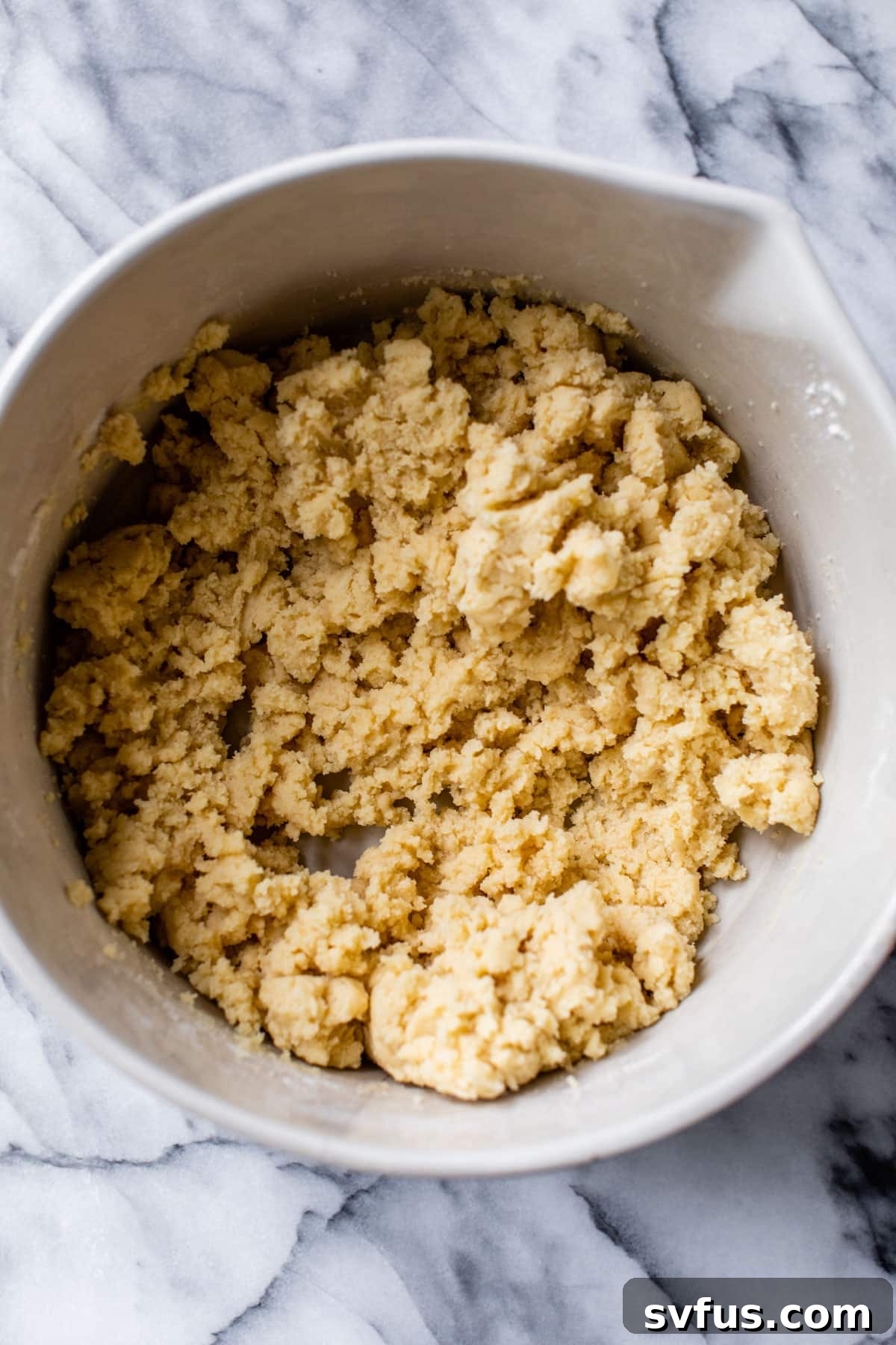 Soft cookie dough mixed inside a large bowl, ready for shaping.