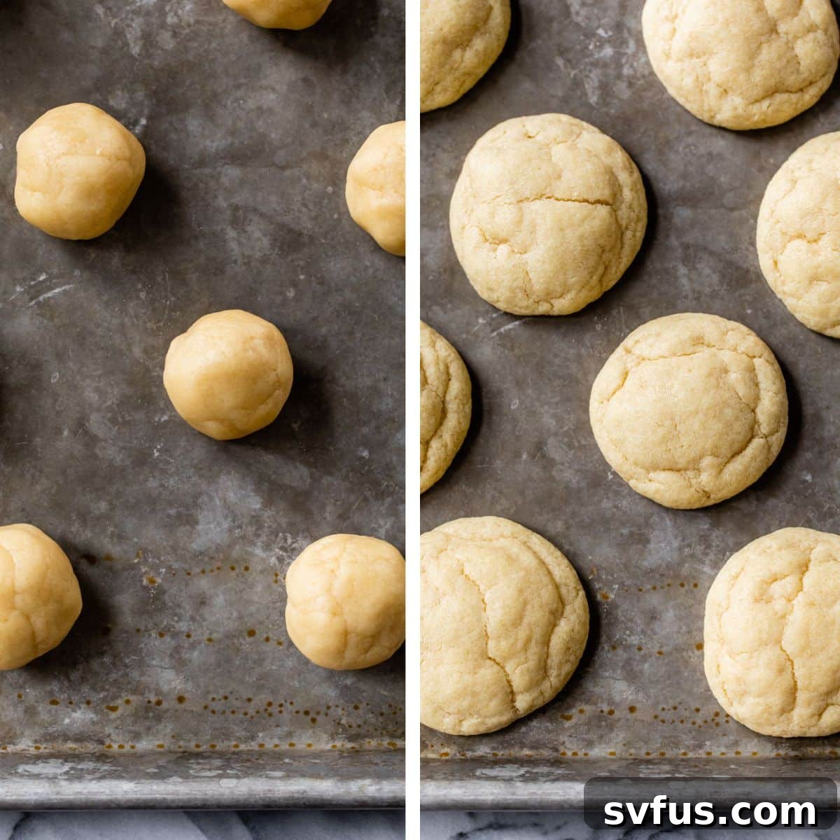 Two images: The left shows raw cookie dough balls spaced on a baking sheet, and the right shows golden baked cookies fresh out of the oven.