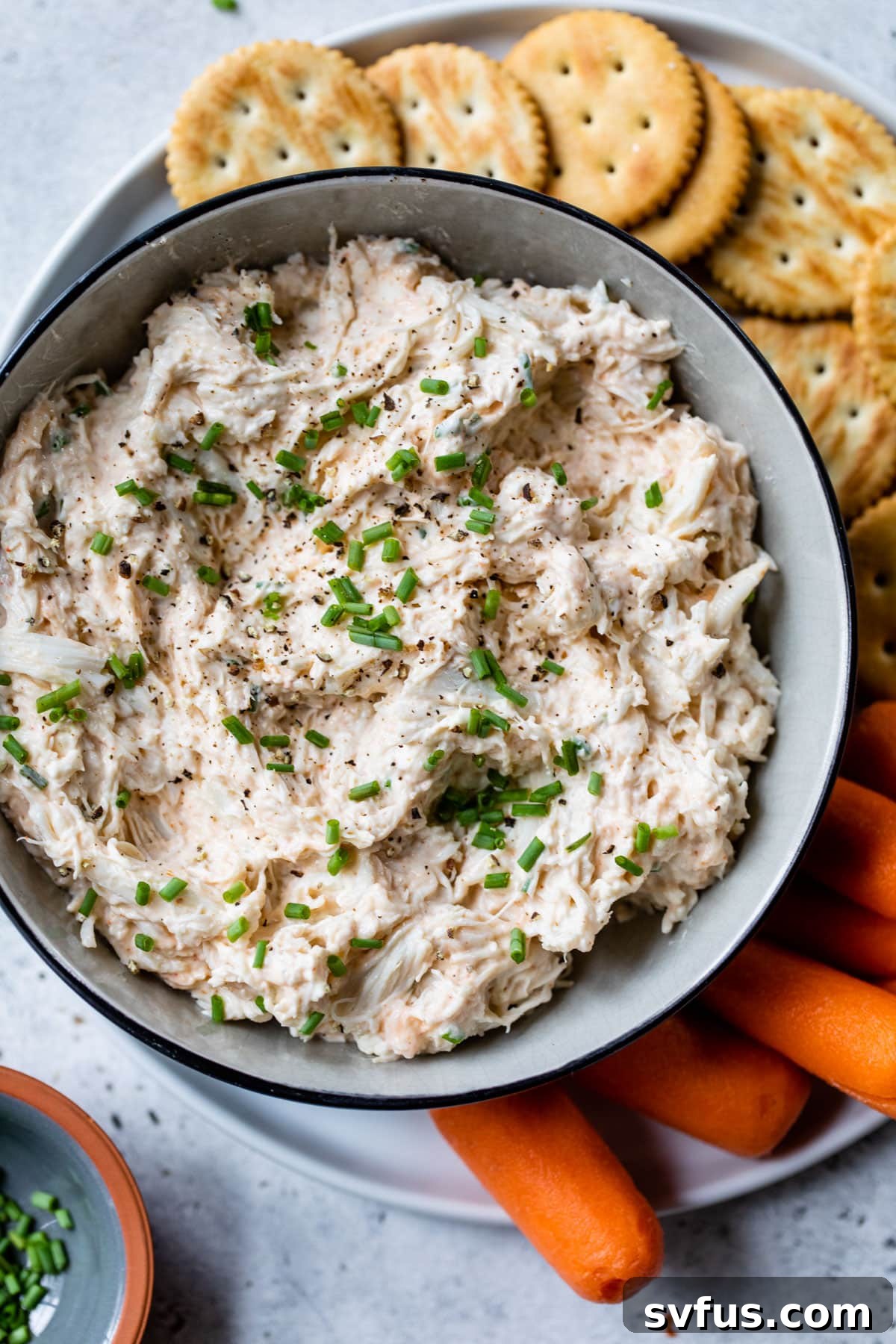A vibrant bowl of creamy cold crab dip garnished with fresh chives, elegantly presented on a serving platter alongside an abundant array of crisp crackers and fresh carrot sticks, inviting guests to indulge.
