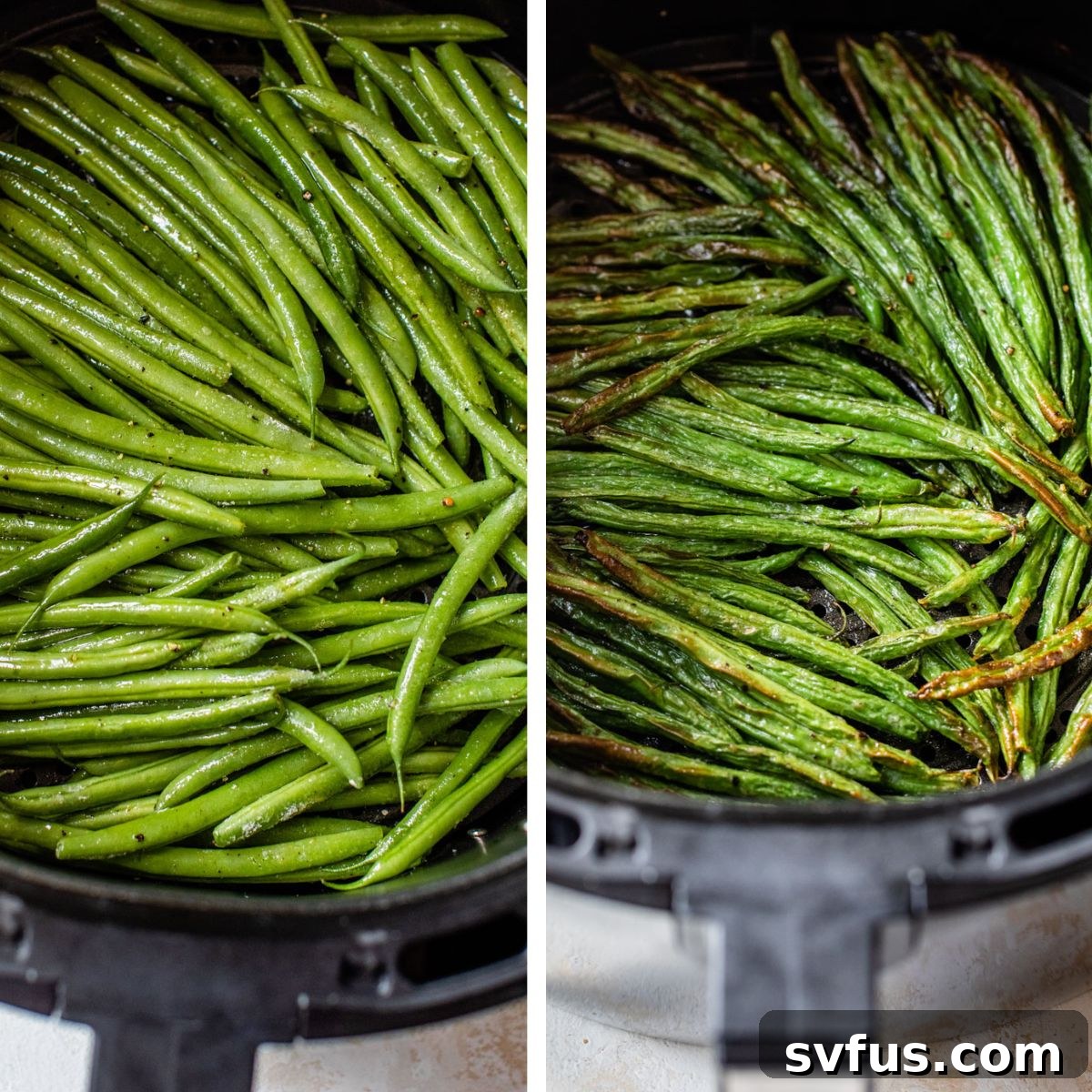 2 images: the left image shows green beans added to an air fryer and the right image shows the green beans roasted in the air fryer