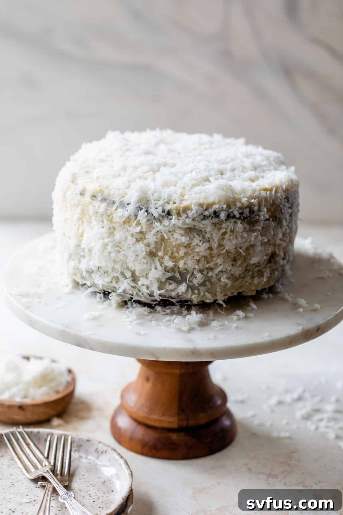 A beautifully frosted chocolate cake adorned with an abundance of shredded coconut, resting elegantly on a cake stand, ready to be served.