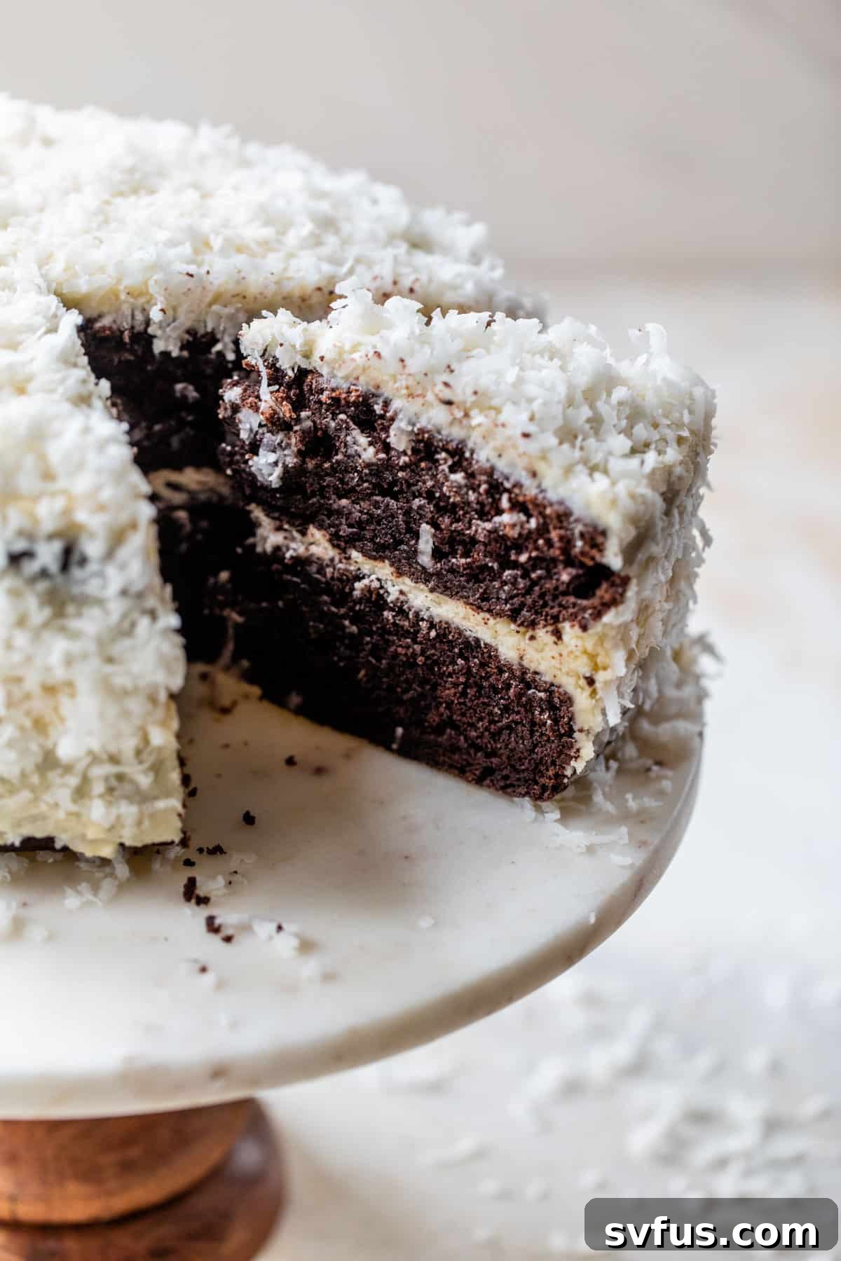 A freshly baked Chocolate Coconut Cake on a cake stand, with a perfect slice removed, revealing the moist layers and creamy coconut frosting within.