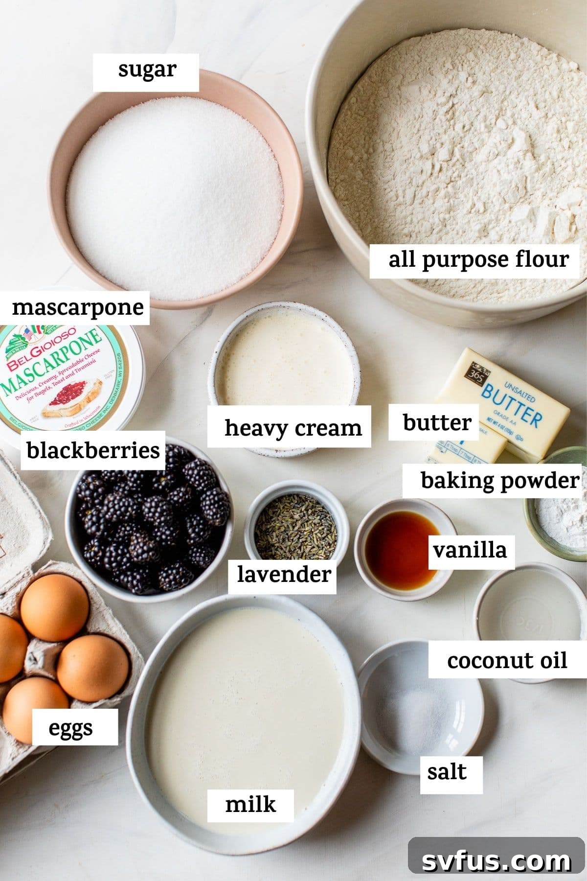 Ingredients for baking a cake laid out on a table with an overlay of text for clarity.