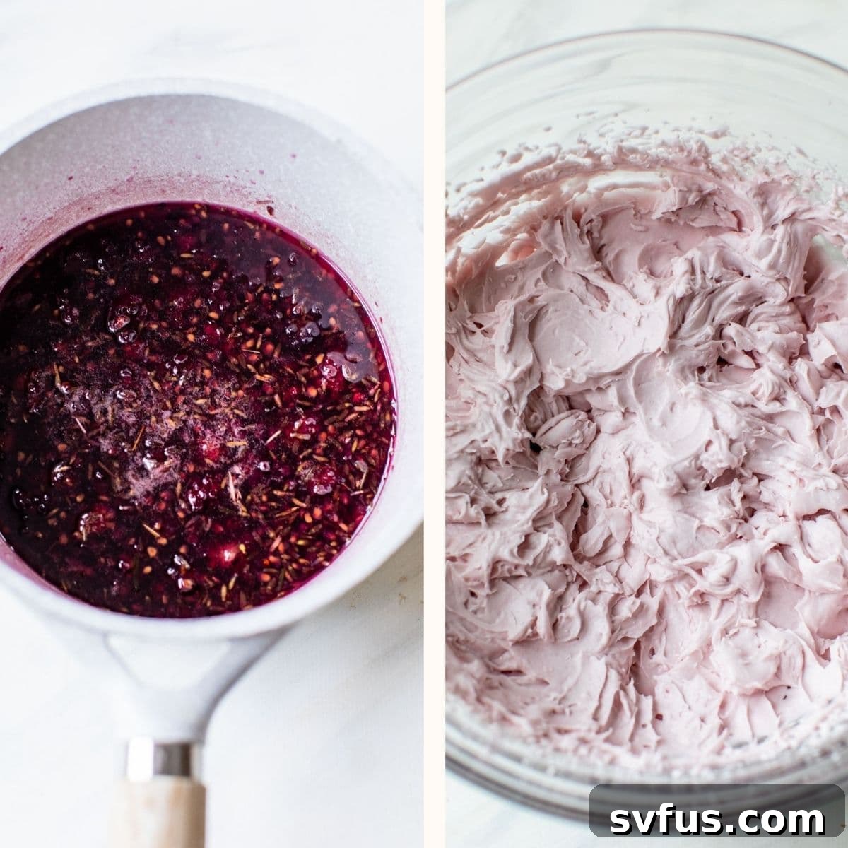 A small saucepan filled with purple lavender simple syrup, infusing flavors on the stovetop.