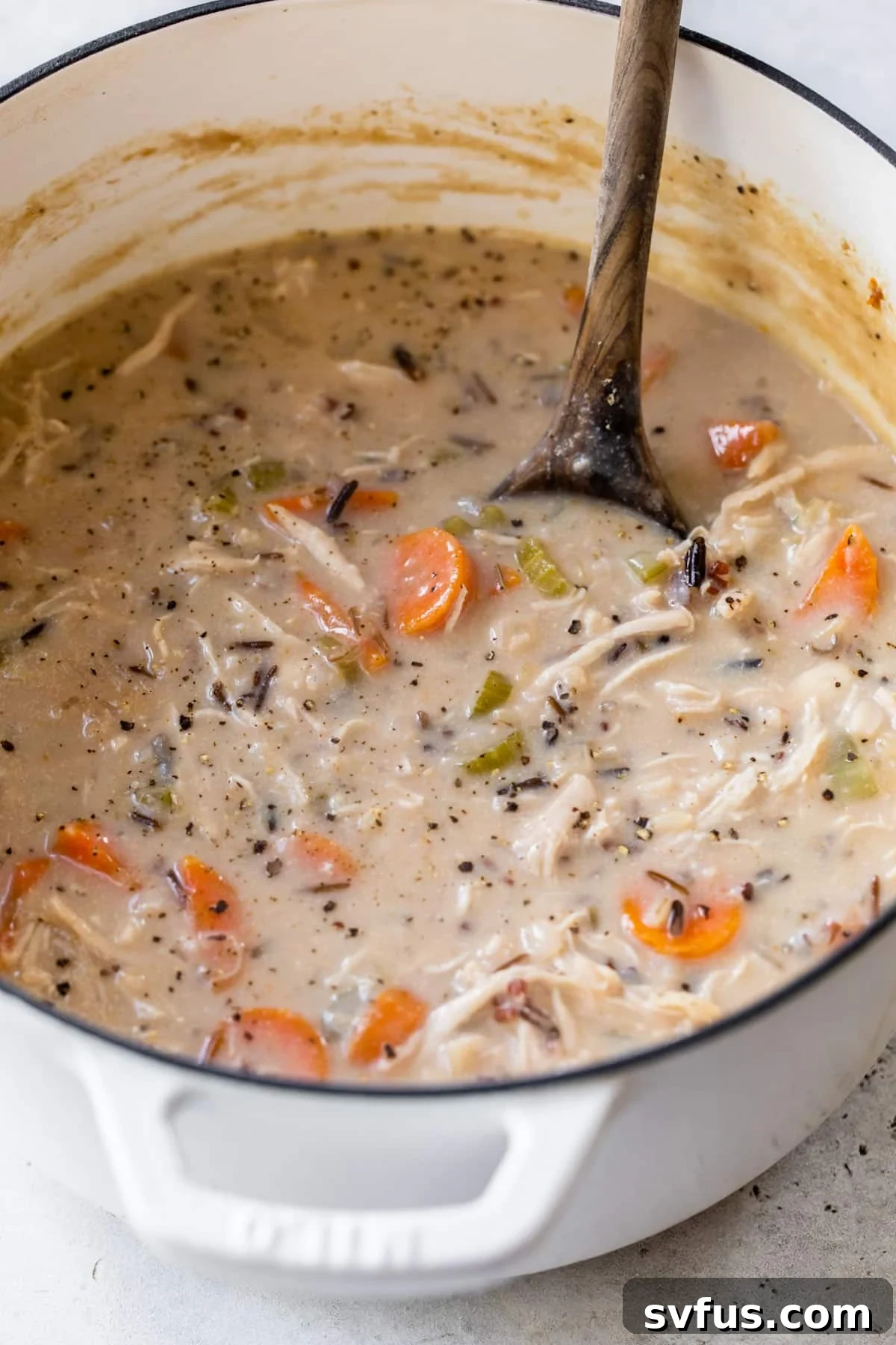 chicken wild rice soup in a dutch oven