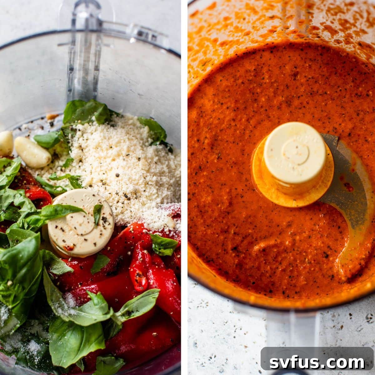 2 images: the left image shows all ingredients added to a food processor and the right image shows those ingredients blended together