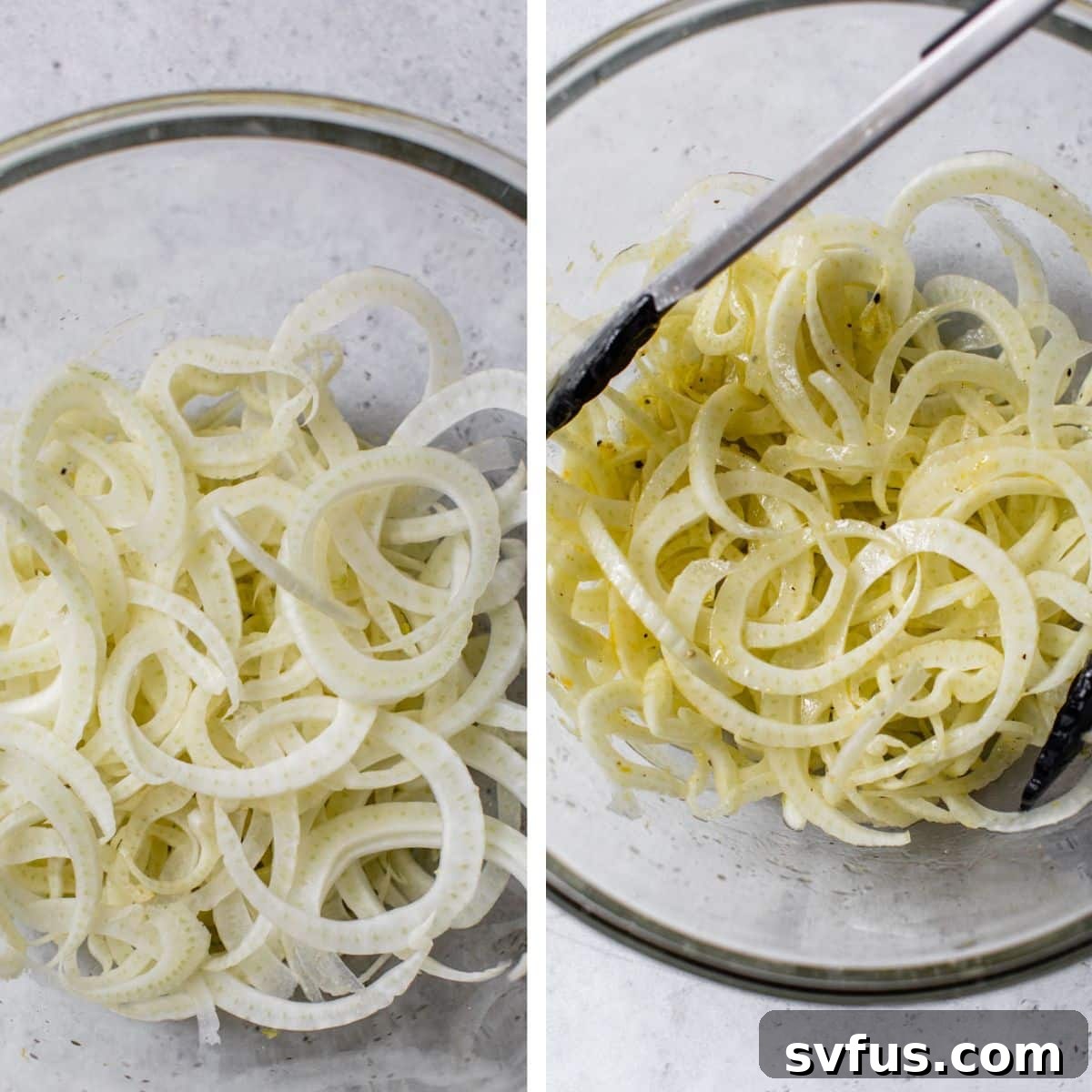 Two images: The first shows thinly sliced fennel in a glass bowl, and the second shows the lemon dressing being tossed with the fennel using kitchen tongs.