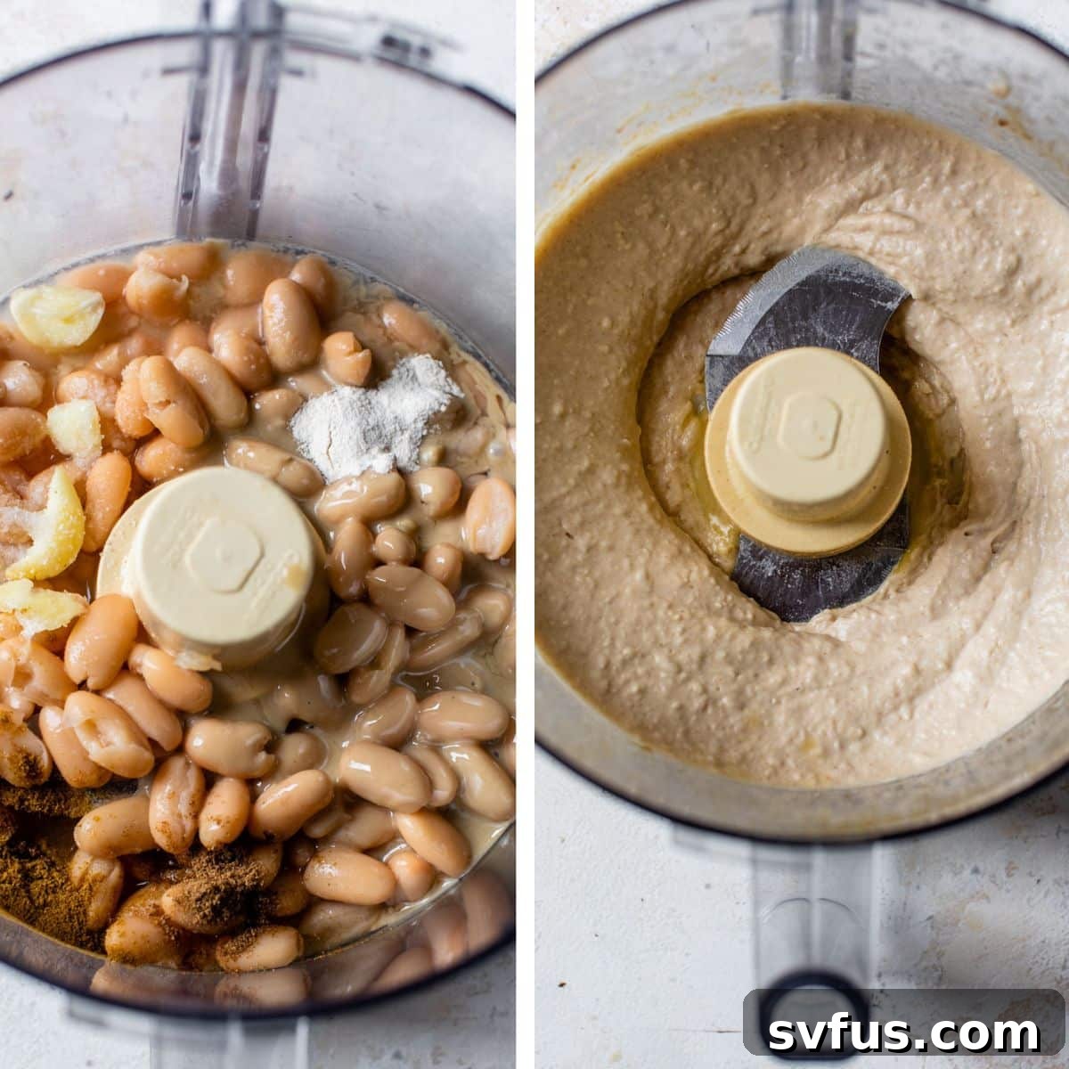 Two images side by side: the left shows all hummus ingredients in a food processor, and the right shows the ingredients blended into smooth hummus.