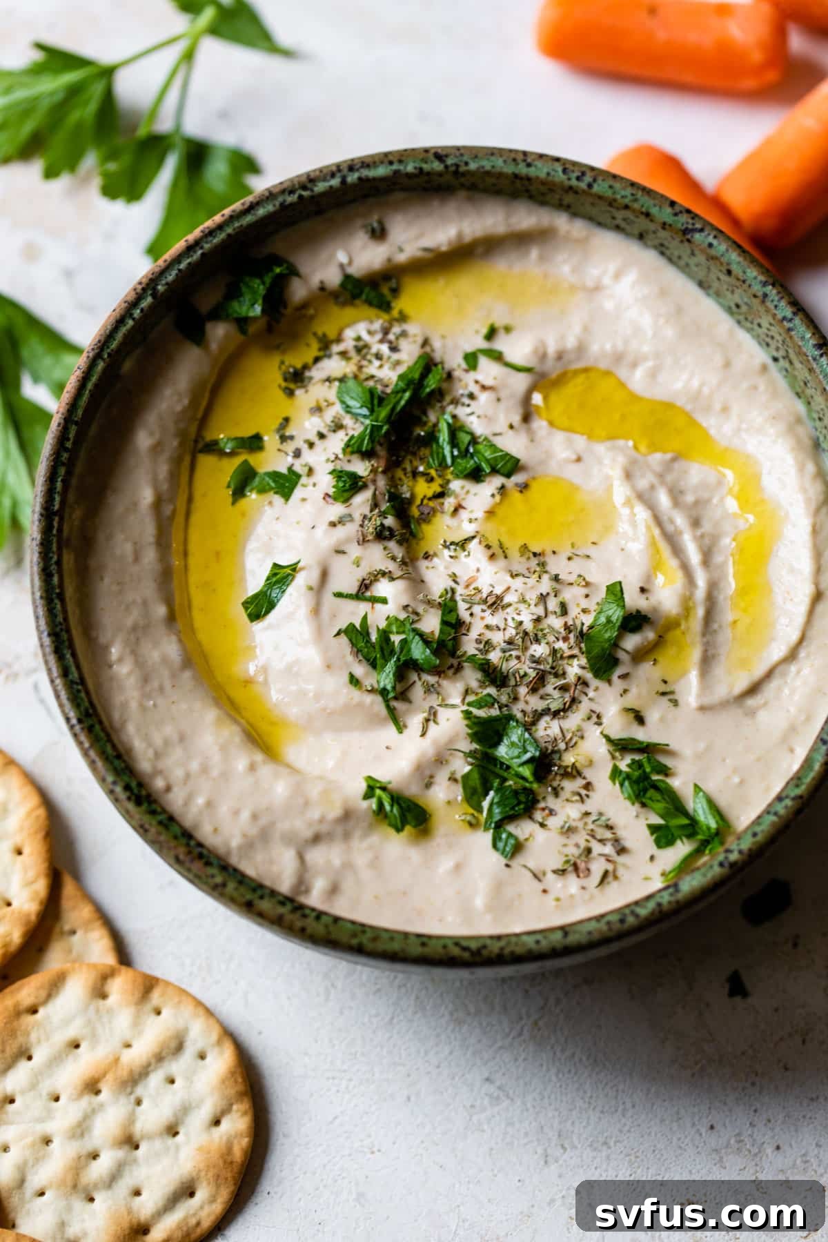 A beautifully presented bowl of white bean hummus, topped with olive oil and accompanied by a crisp cracker.