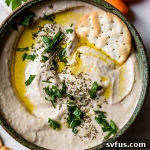 A small image of white bean hummus in a bowl with a cracker and olive oil drizzled on top.