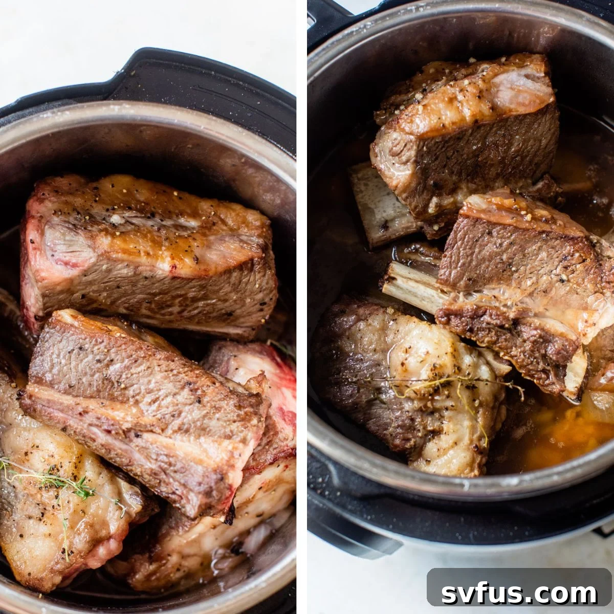 Two images: The left shows short ribs added to the Instant Pot before pressure cooking, and the right shows the same short ribs after browning, ready for the next step.