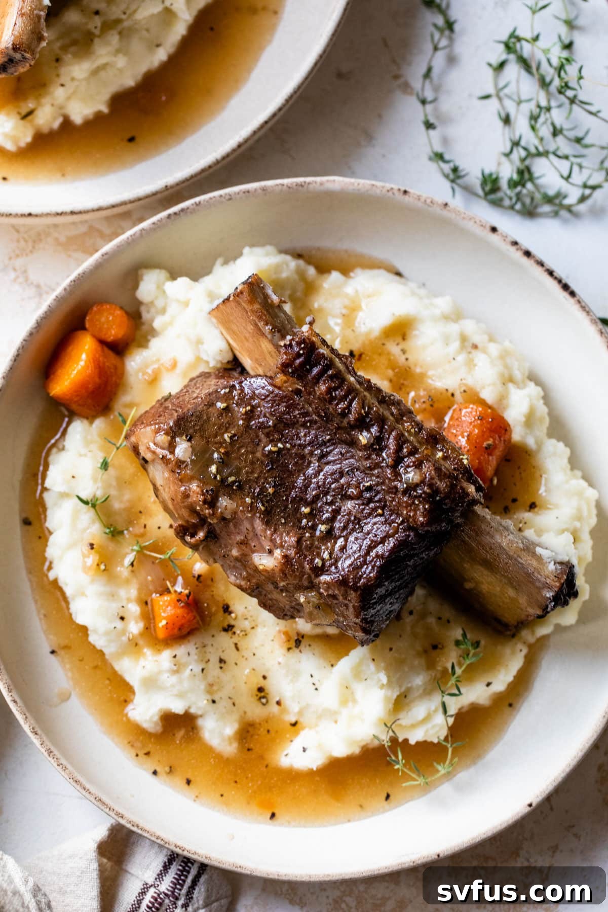 Finished plate of tender short ribs atop mashed potatoes, drenched in a rich red wine gravy.