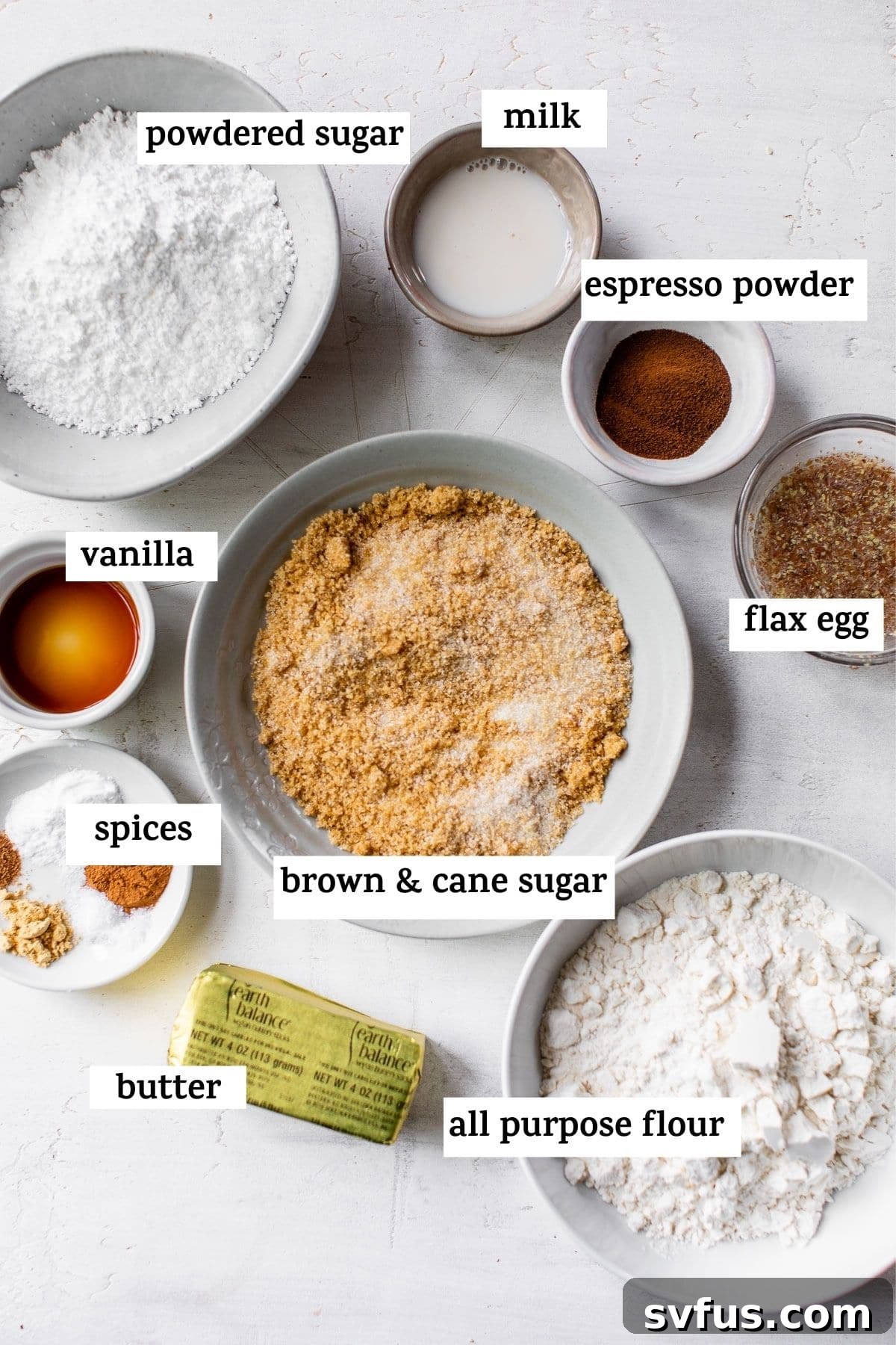 Ingredients for dirty chai blondies laid out on a white surface with text overlay.