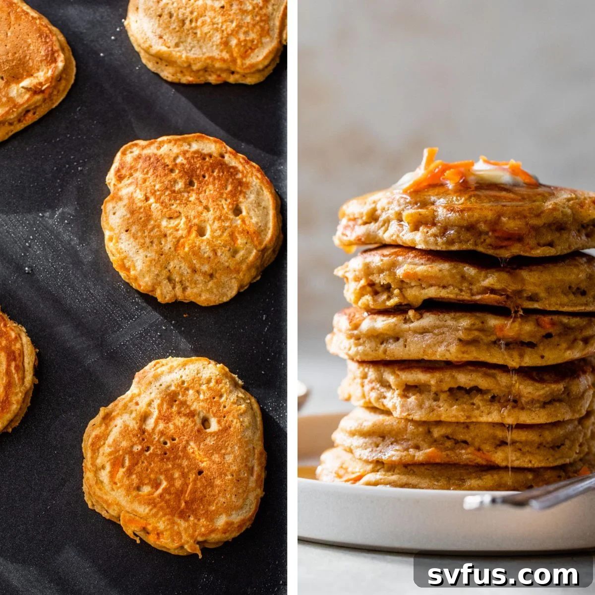 2 images: the left image shows pancakes cooking on a griddle and the right image shows a side view of a stack of pancakes on a plate