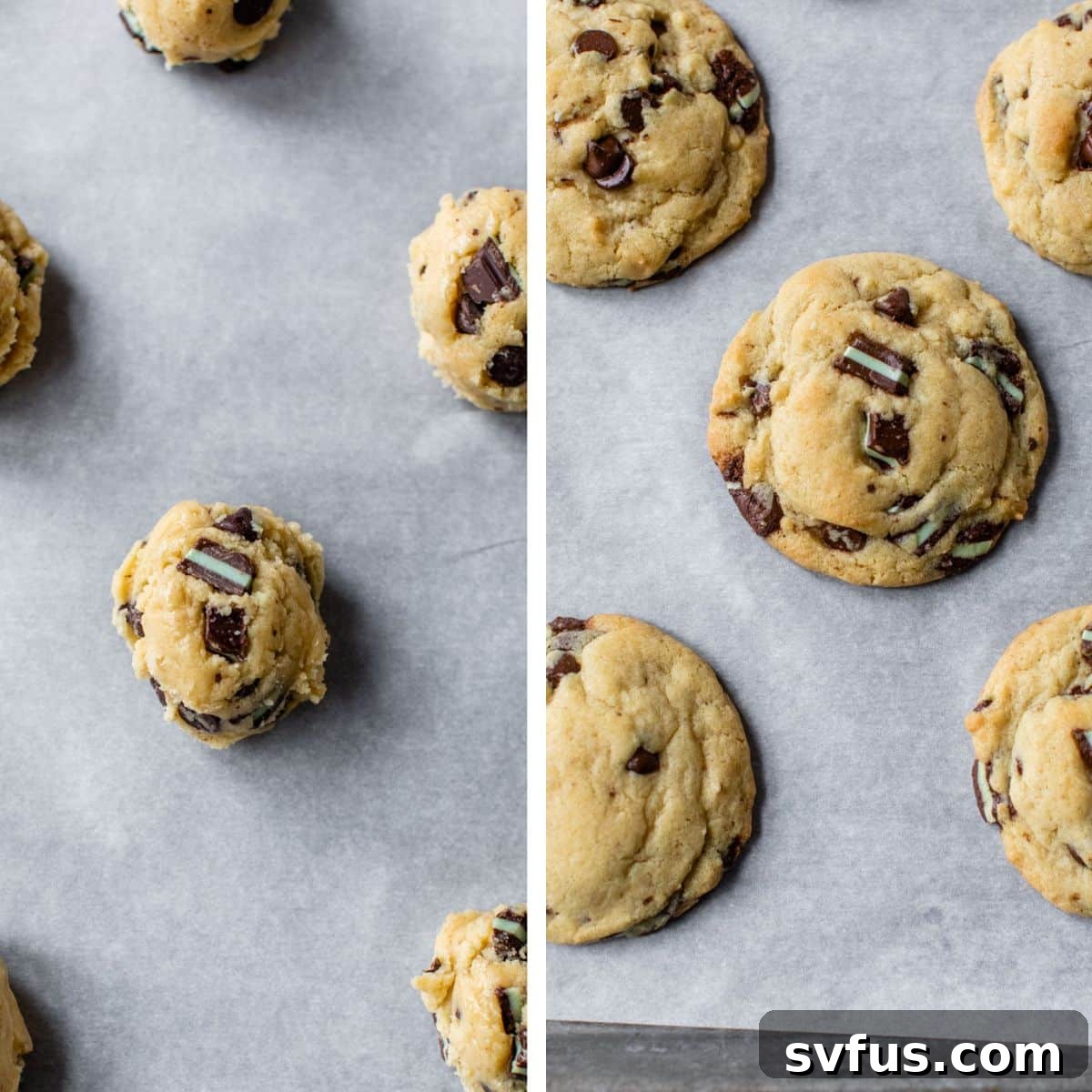 Two images: the left shows cookie dough balls on a baking sheet, and the right shows freshly baked mint chocolate chip cookies on a baking sheet