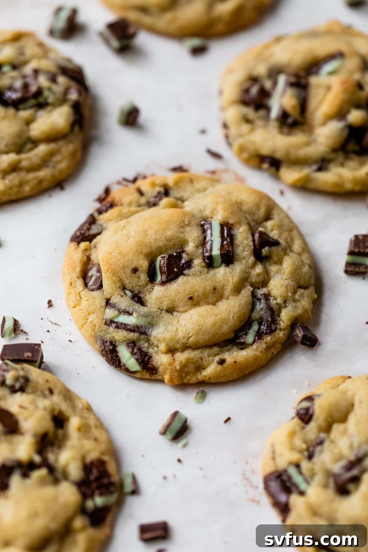 A plate of freshly baked mint chocolate chip cookies on a table, ready to be enjoyed
