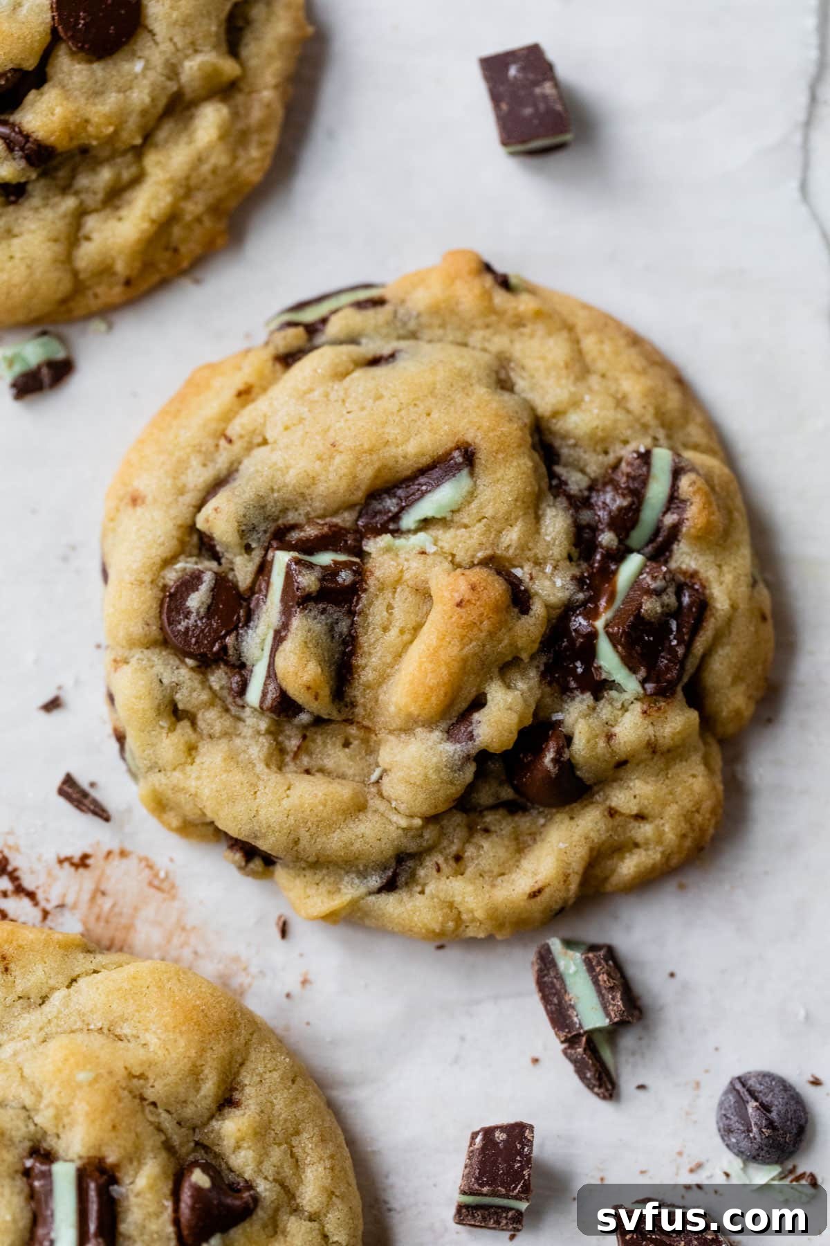 A close-up view of a mint chocolate chip cookie, showcasing its textures and ingredients