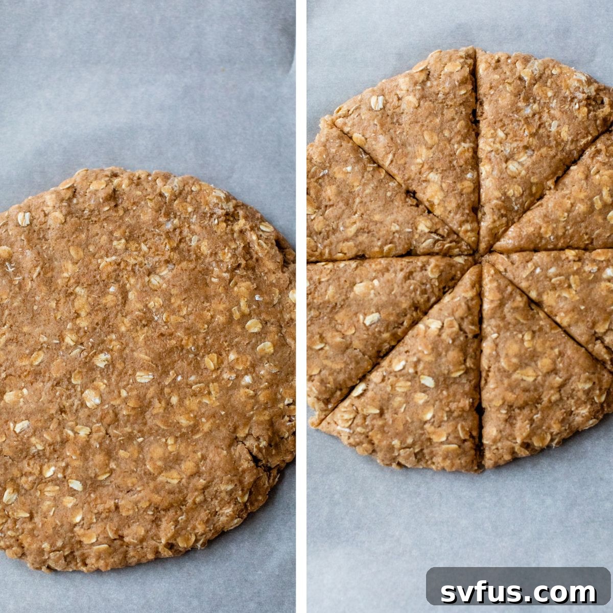 Two images side by side: the left shows the oatmeal scone dough shaped into a circular disc, and the right shows the same dough expertly cut into eight distinct wedge-shaped scones.
