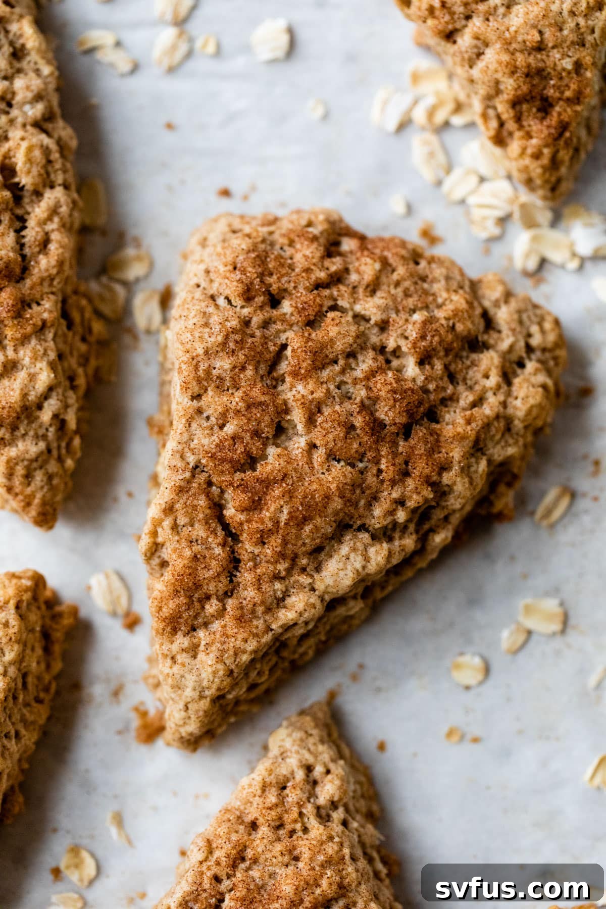A close-up shot of several beautifully baked oatmeal scones, golden-brown and topped with cinnamon sugar, arranged on a parchment-lined baking sheet.