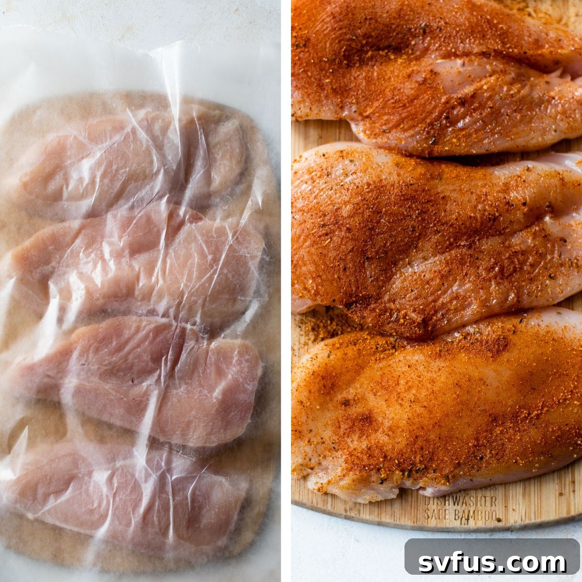 Two images side by side. The left shows raw chicken breasts on a cutting board with parchment paper and a meat tenderizer. The right shows seasoned chicken breasts ready for cooking.