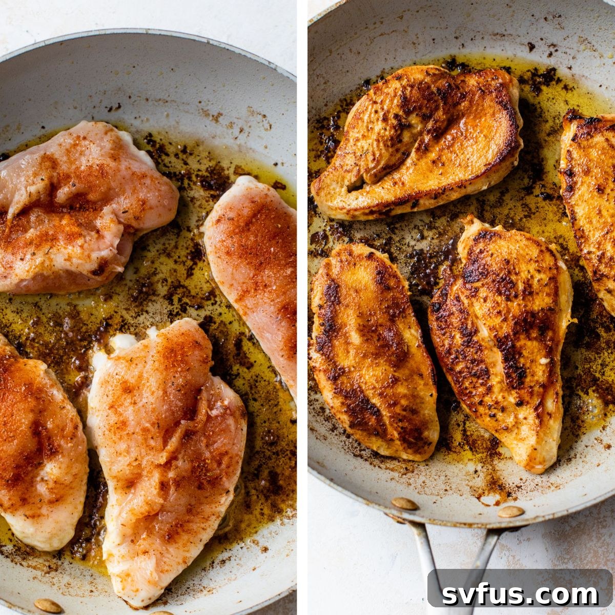 Two images side by side. The left shows four raw, seasoned chicken breasts cooking in a large hot skillet. The right shows the chicken breasts flipped and cooking on the second side.