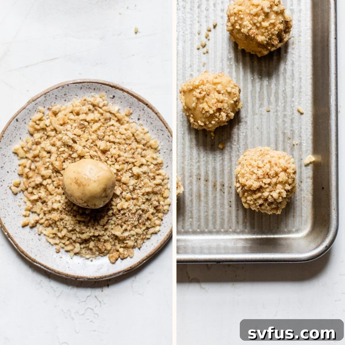 Raw cookie dough balls meticulously rolled in crushed walnuts, neatly arranged on a baking sheet, poised for baking