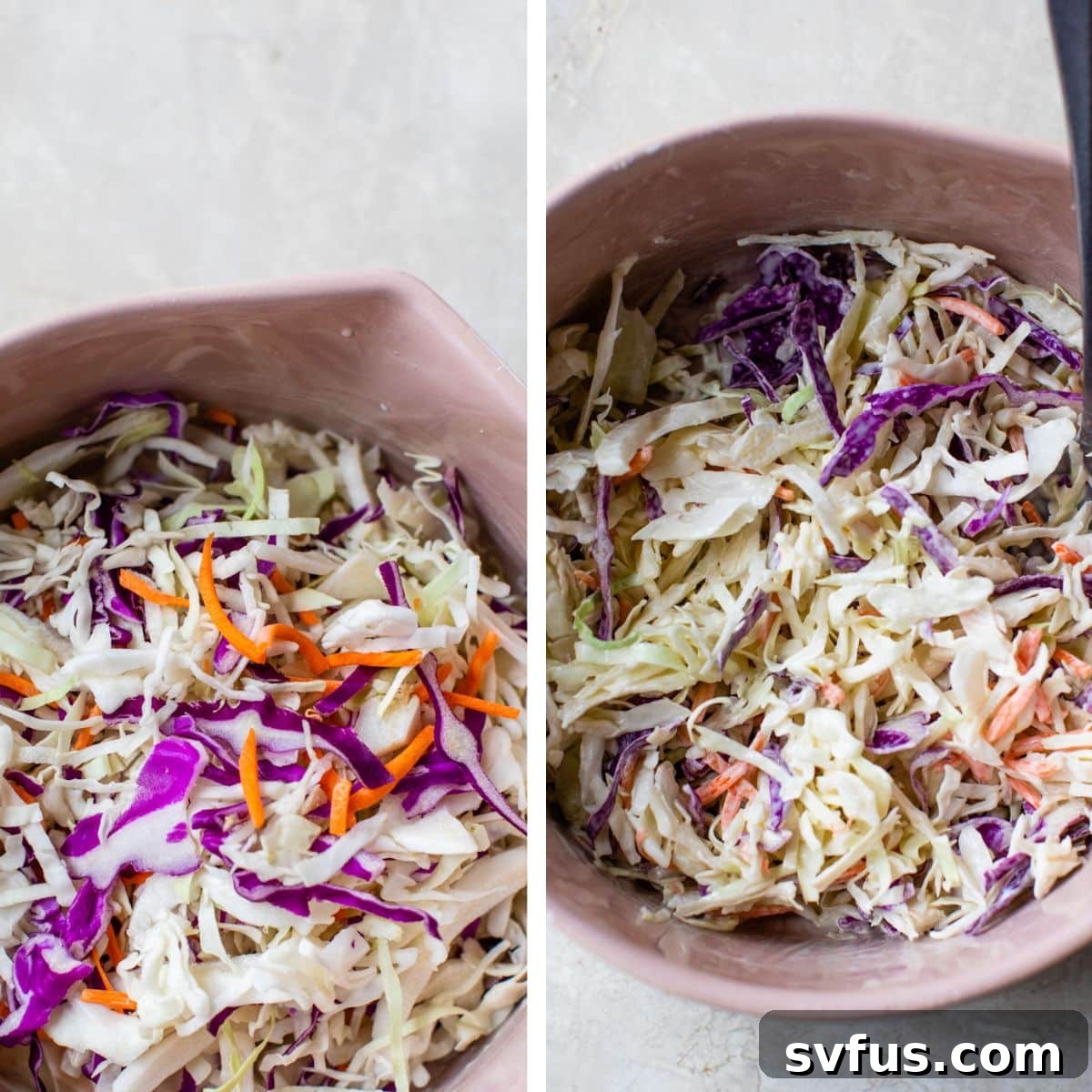 Two images: the left shows coleslaw mix added to a bowl, and the right shows the coleslaw mix thoroughly combined with the mayo mixture, ready for chilling