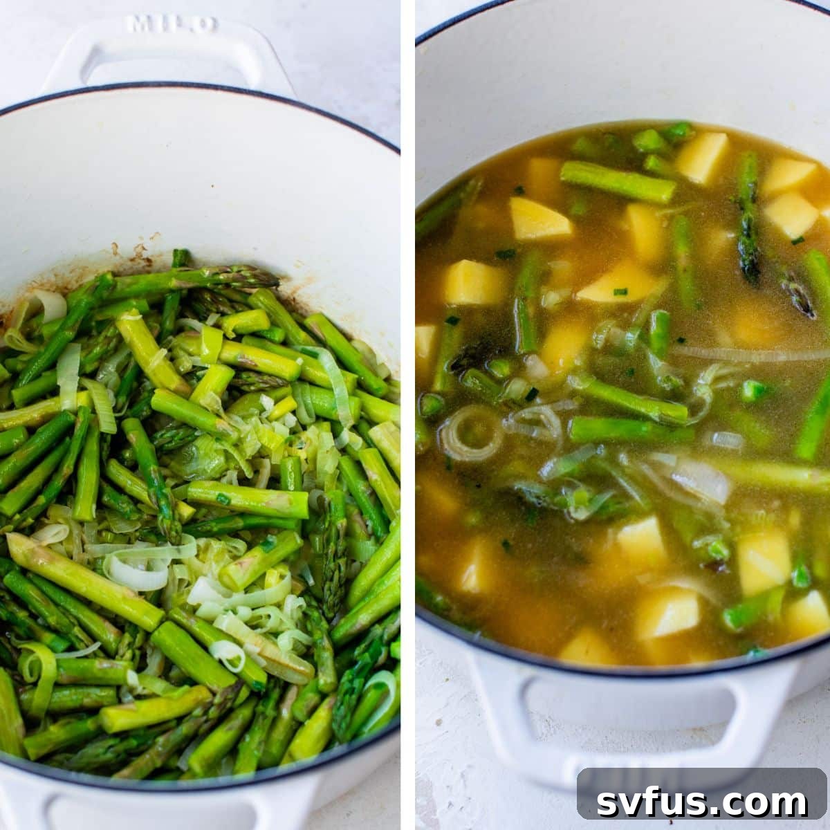 2 images: the left image shows asparagus and leeks sautéing in a dutch oven and the right image shows broth and potatoes added to the dutch oven
