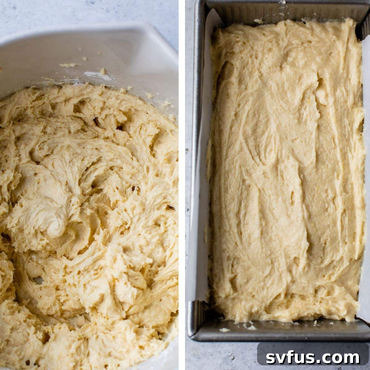 2 images: the left image shows lemon loaf batter in a large bowl and the right image shows lemon loaf batter in a parchment lined loaf pan