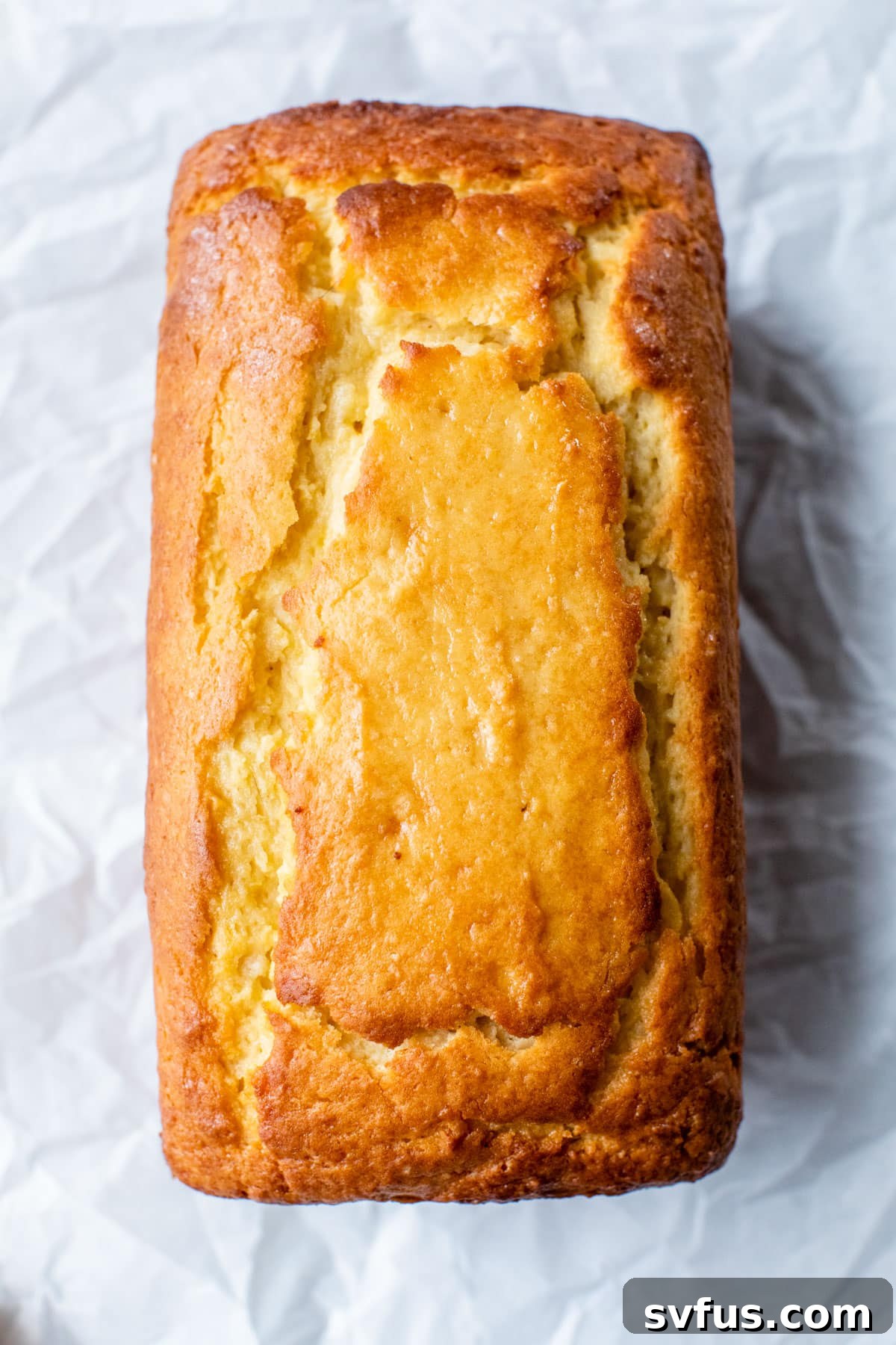 baked lemon loaf sitting on parchment paper