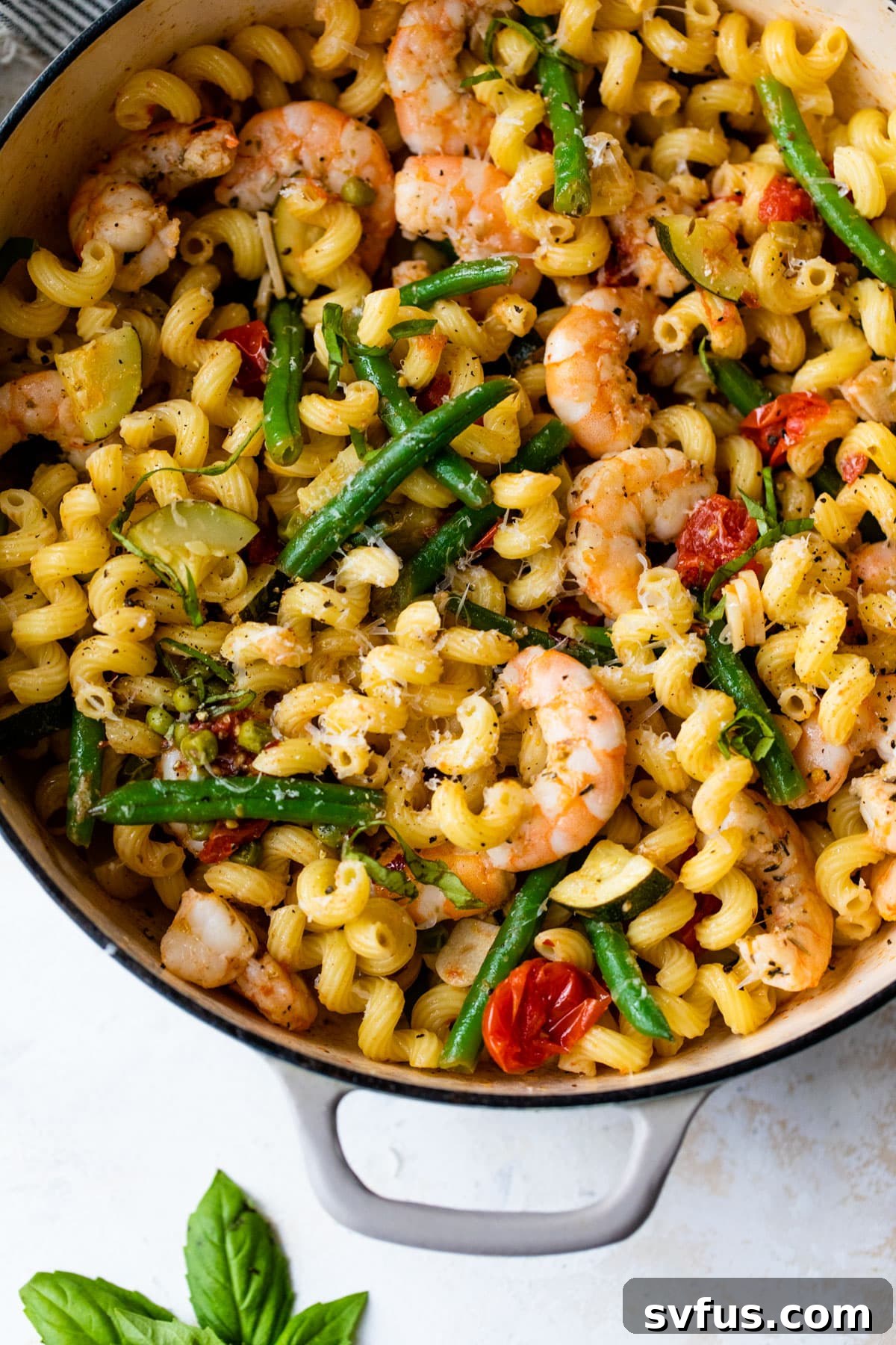 close-up of shrimp primavera in a dutch oven