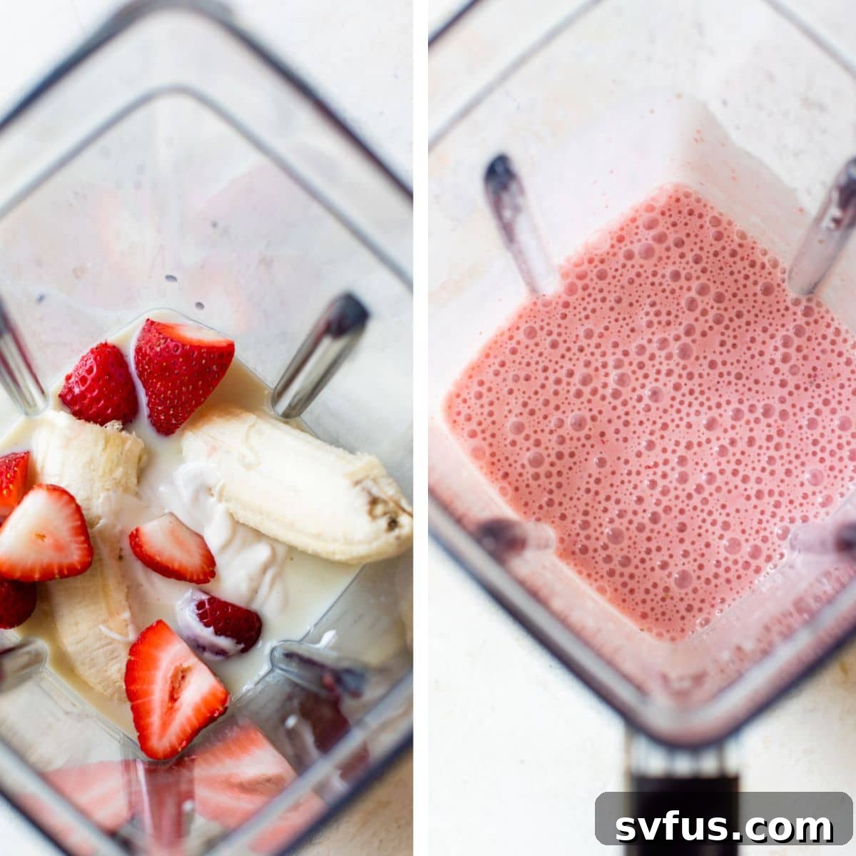 Two images side by side: the left shows all ingredients (banana, strawberries, milk, yogurt) in a blender, and the right shows the same ingredients perfectly blended into a smooth pink smoothie.