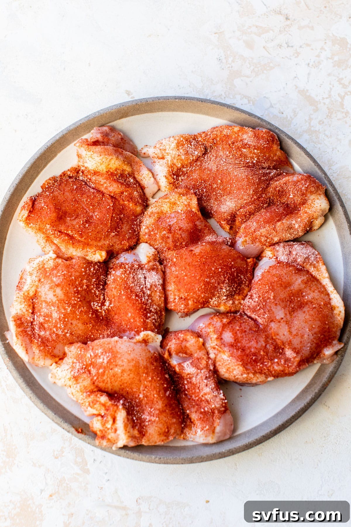 Raw boneless chicken thighs seasoned generously with a vibrant paprika spice mix, ready for searing.
