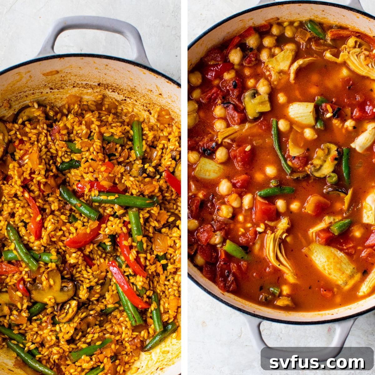 2 images: the left image shows rice added to the vegetables in a dutch oven and the right image shows the chickpeas, peas, tomatoes, artichokes, and broth added to the dutch oven
