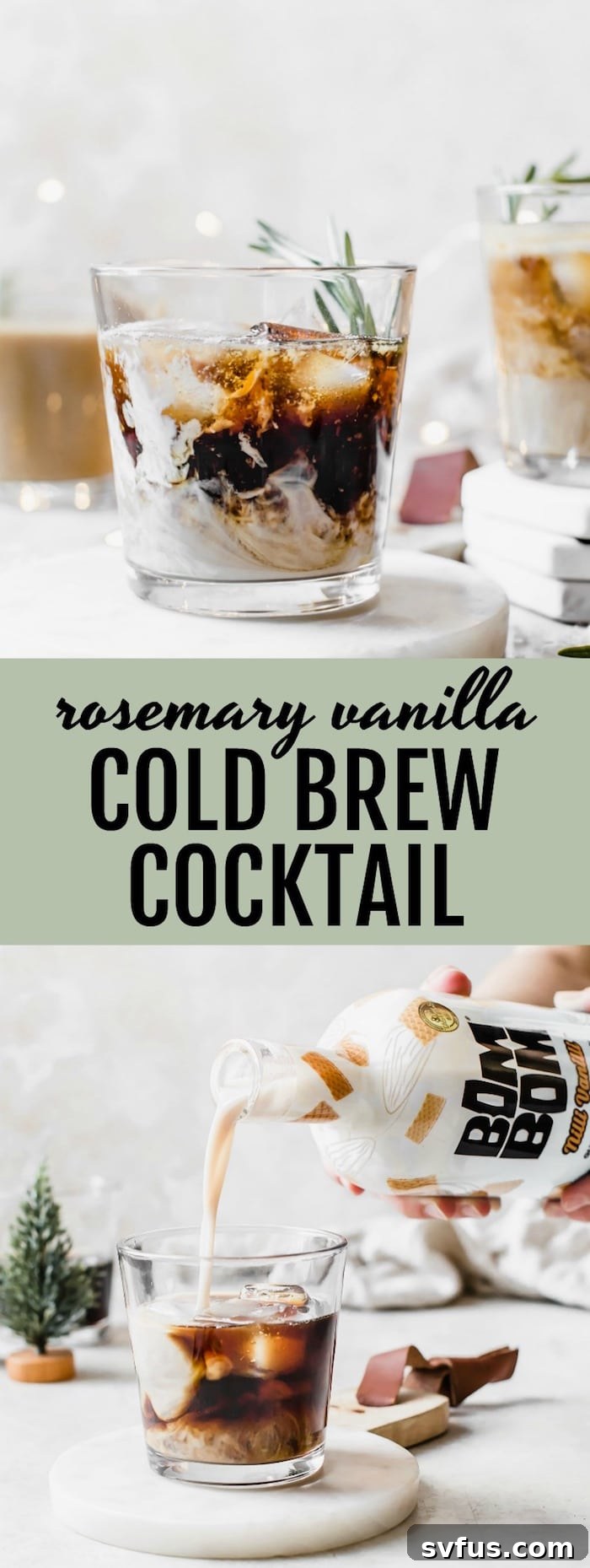 Rosemary Vanilla Cold Brew Cocktail - a rum-based cocktail made with cold brew, vanilla milk and rosemary syrup #vegan | thealmondeater.com 