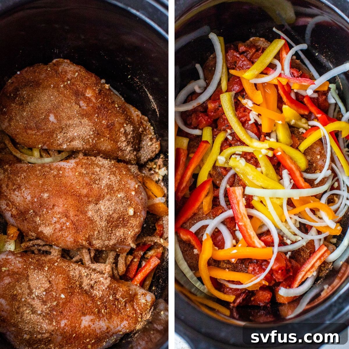 Two images side by side: the left shows chicken breasts layered over sliced onions and peppers in a slow cooker; the right shows more onions and peppers, along with diced tomatoes and garlic, added on top of the chicken and initial vegetables