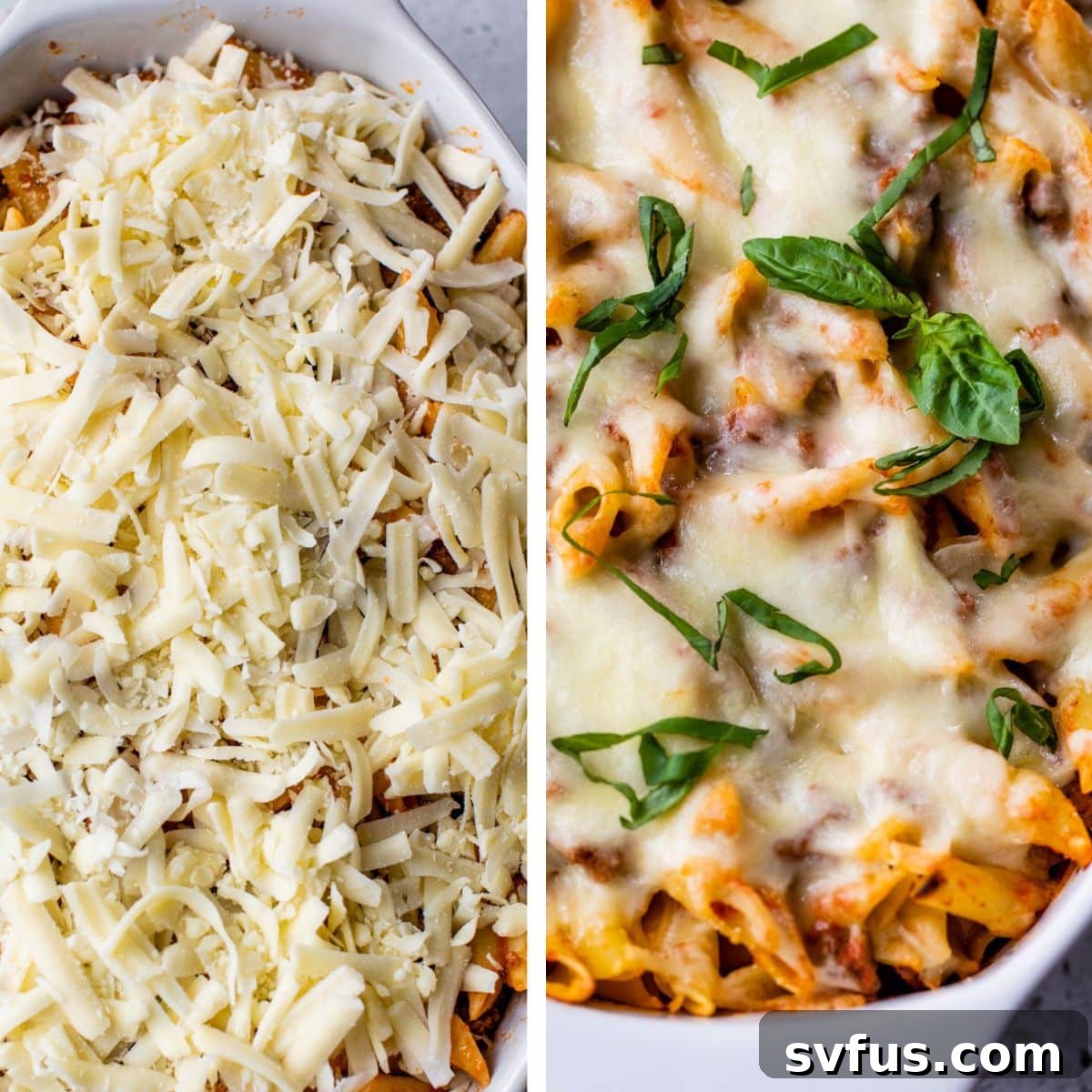 Two images side by side: the first shows shredded vegan cheese sprinkled over pasta and sauce, the second shows the baked ziti with melted and slightly browned cheese on top.