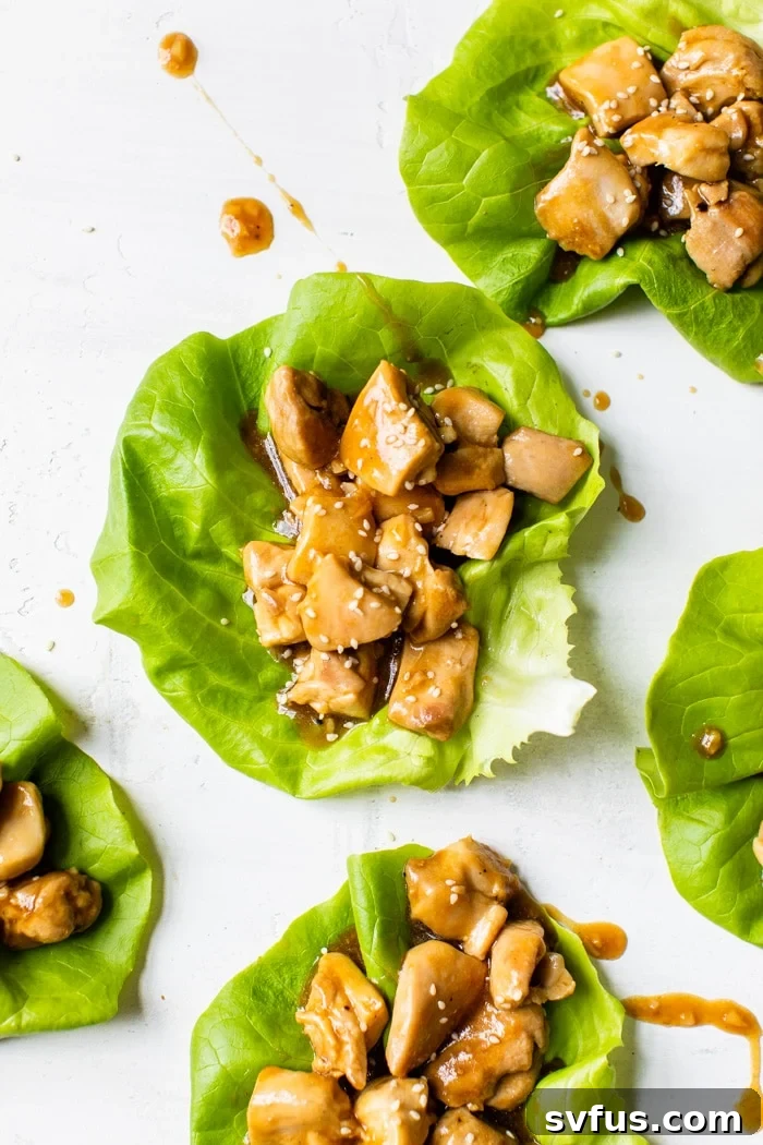 Crisp Bibb lettuce wraps filled with succulent Asian-marinated chicken, garnished with sesame seeds and fresh herbs, perfect for a healthy and quick meal.