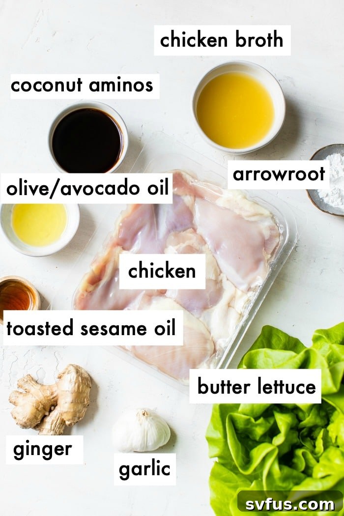 A vibrant display of fresh ingredients for Asian Chicken Lettuce Wraps, including raw chicken, crisp lettuce, garlic, ginger, and various sauce components.