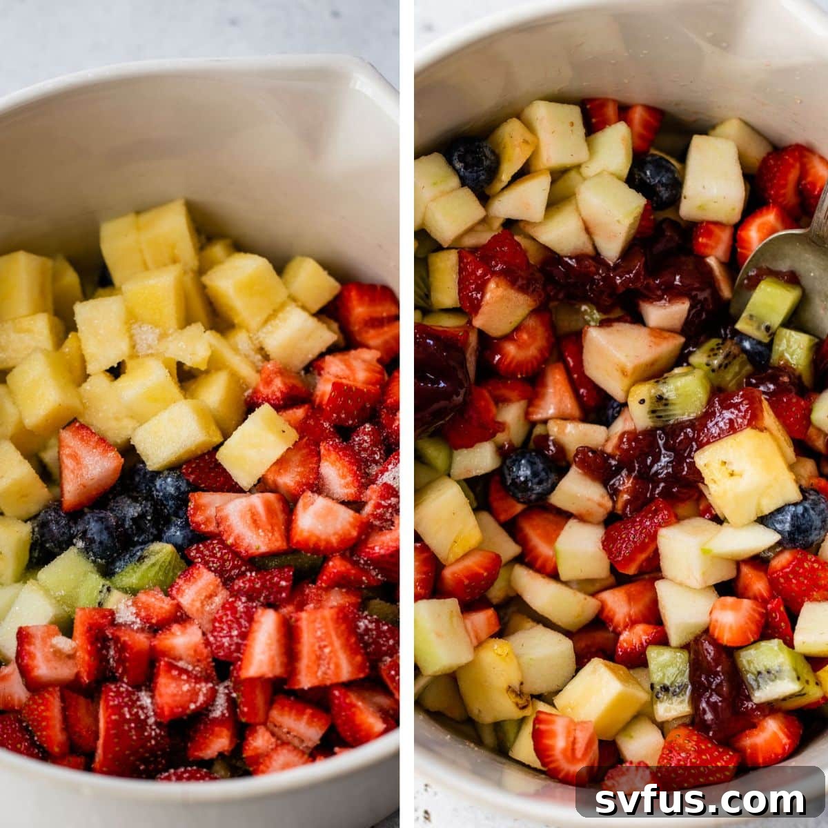 2 images: the left image shows all fruit salsa ingredients added to a bowl with sugar and the right image shows fruit preserves added to the bowl of fruit