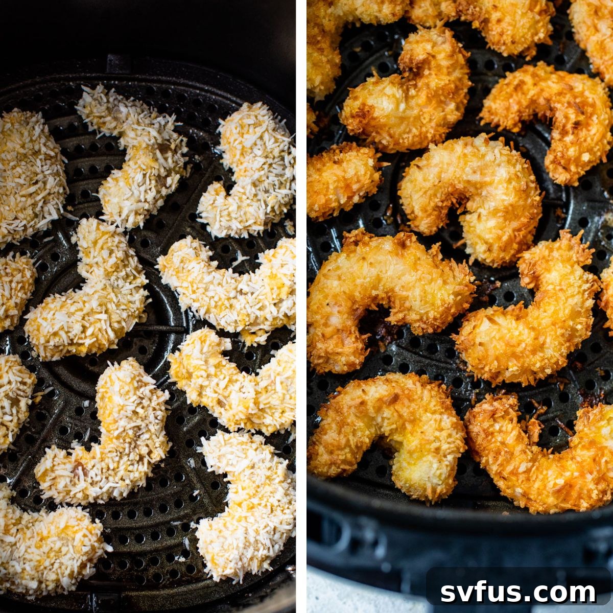 Two images: left shows uncooked coconut shrimp in an air fryer basket, right shows golden-brown, cooked coconut shrimp