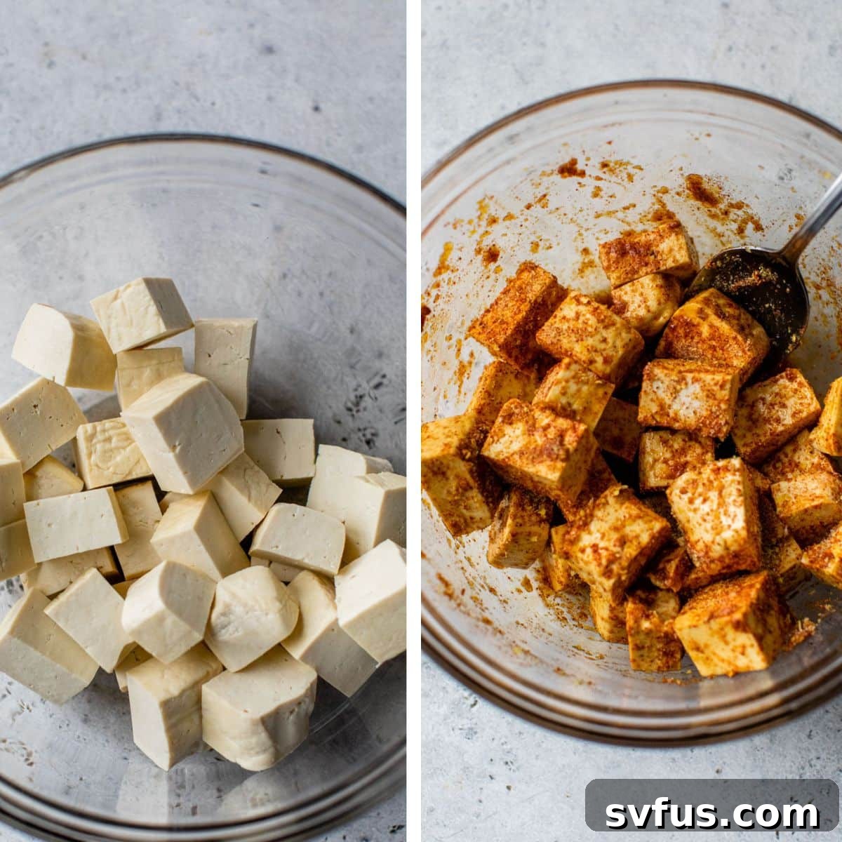 Two images: The first shows cubed tofu in a glass bowl. The second image shows the tofu after seasonings, soy sauce, and oil have been added, being mixed with a spoon.