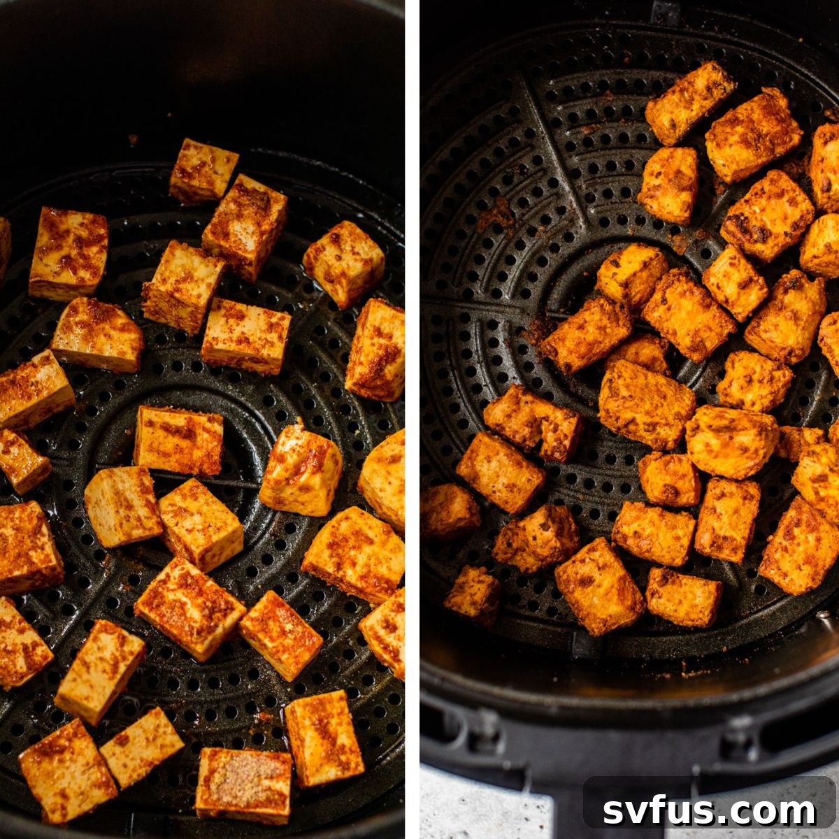 Two images: The first shows seasoned tofu cubes being placed into an air fryer basket. The second shows the same tofu cooked to a golden, crispy finish inside the air fryer.