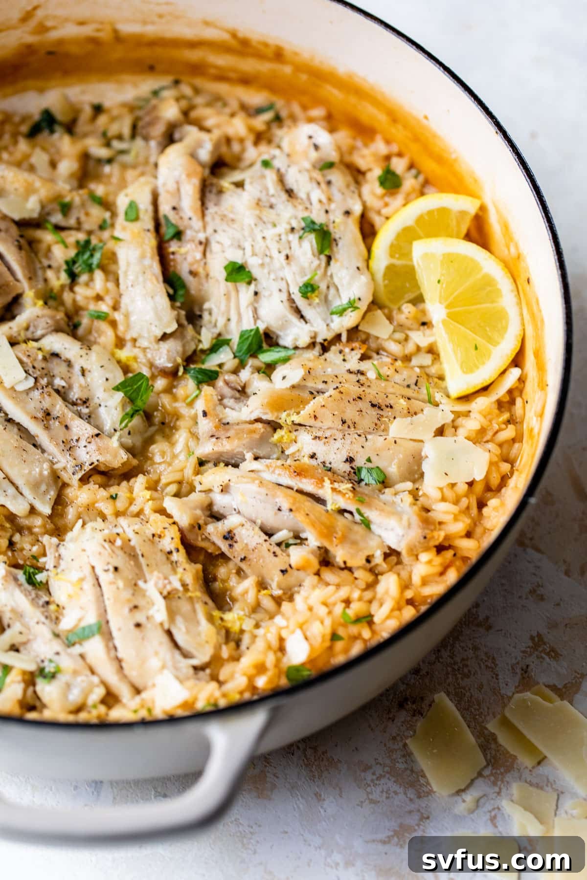 Close-up view of perfectly seared chicken pieces placed on a bed of creamy, lemon-infused risotto in a Dutch oven.