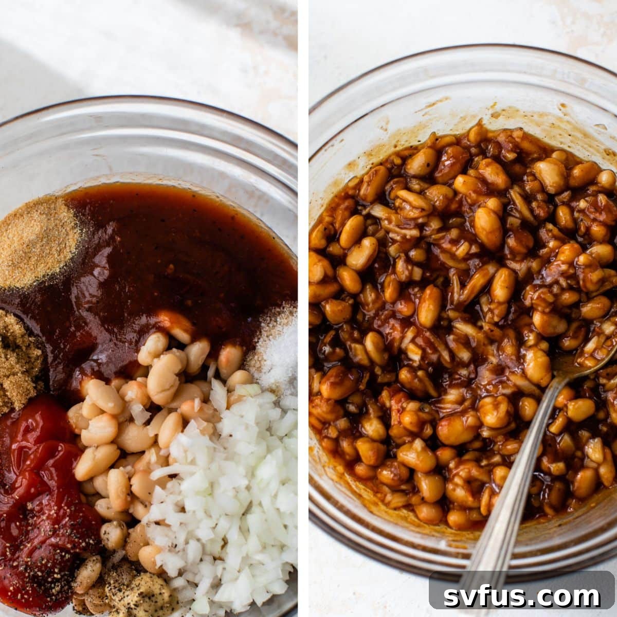Two images side by side. The left image shows all the ingredients for vegan baked beans in a glass bowl. The right image shows all ingredients mixed together with a spoon, ready for baking.