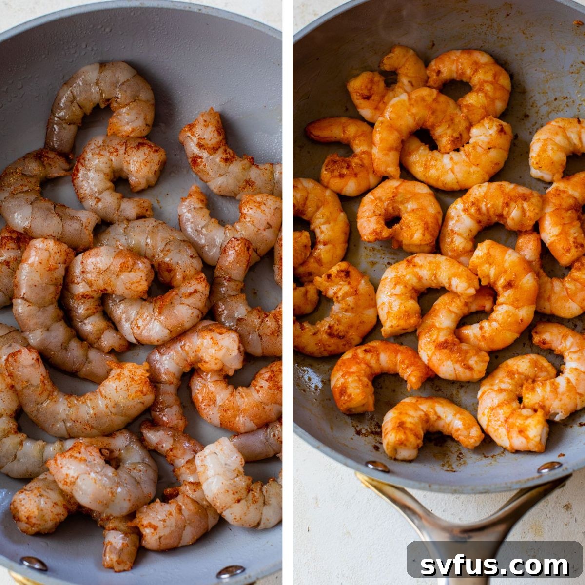 2 images: the left image shows shrimp cooking in a skillet and the right image shows the shrimp flipped over and continuing to cook