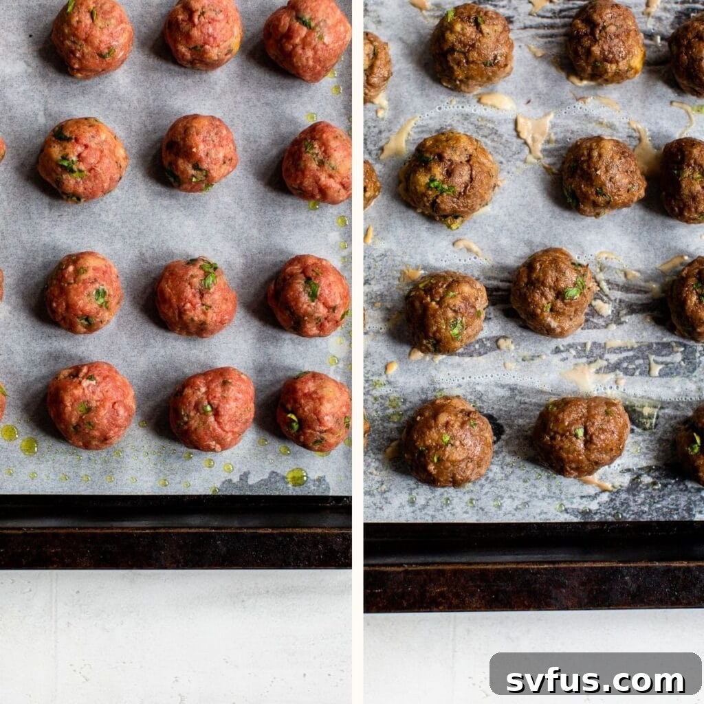 unbaked meatballs on a baking sheet on the left and baked meatballs on the right