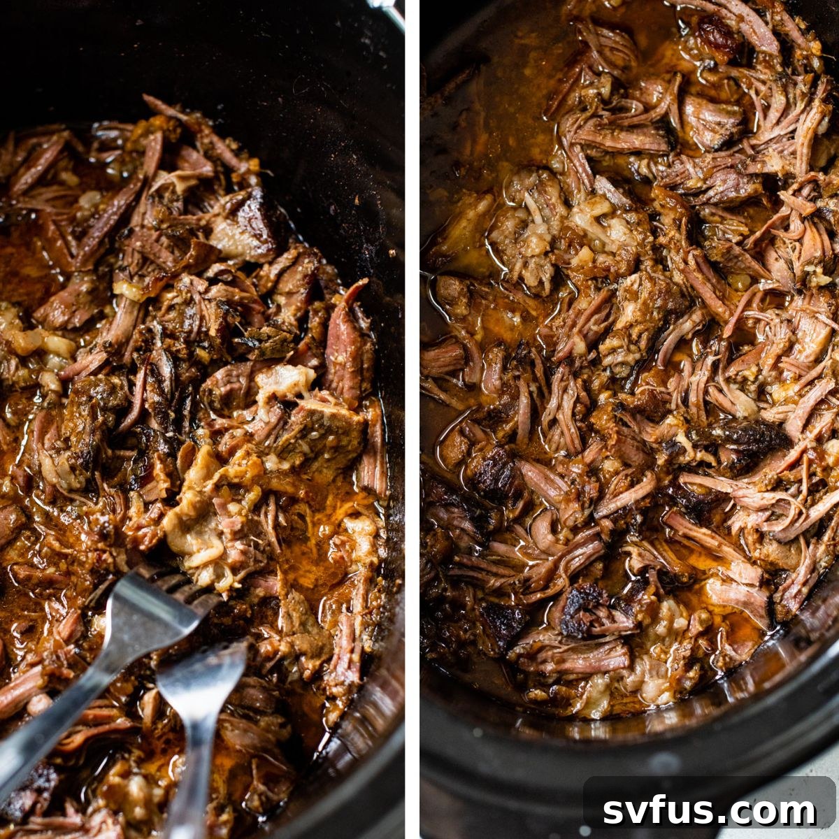 2 images: the left image shows roast being shredded with two forks in a crockpot and the right image shows the shredded roast in a crockpot