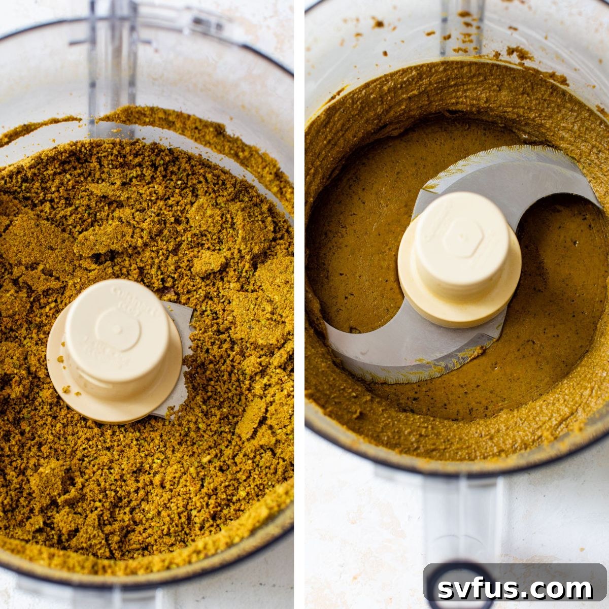 Two images side-by-side: The left shows pistachios in a food processor as a coarse crumb; the right shows the pistachios blended into a smooth, vibrant green butter.
